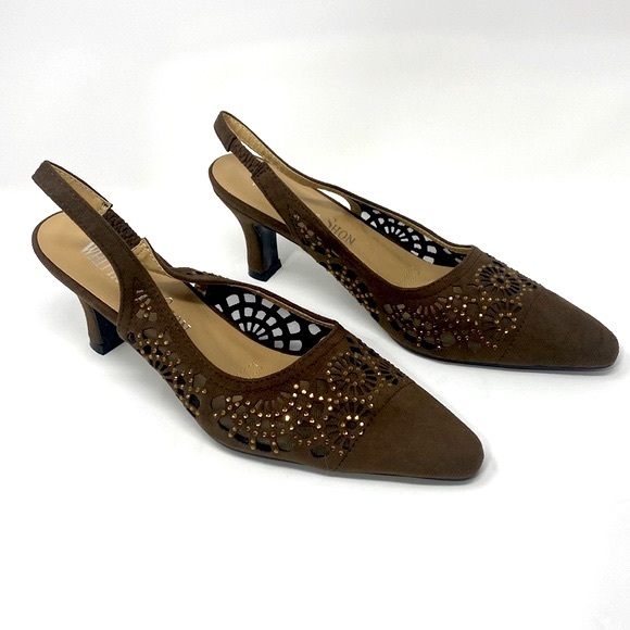 WHITTALL & SHON Mocha Pointed Toe Slingback Beaded Heel Shoe Suede Mesh Sz10 NEW - Picture 1 of 10